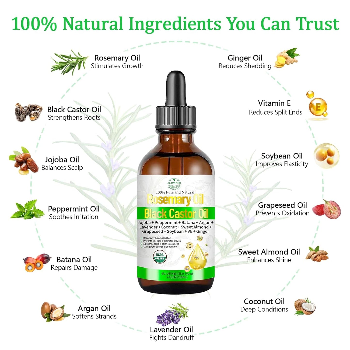 Rosemary Oil for Hair Growth with Castor, Organic Cold Pressed Blend Hair Oil Natural Scalp Care - Soothes Itchy Scalp, Repairs Dry Hair & Nourishes Roots for All Hair Types - 4 Fl Oz