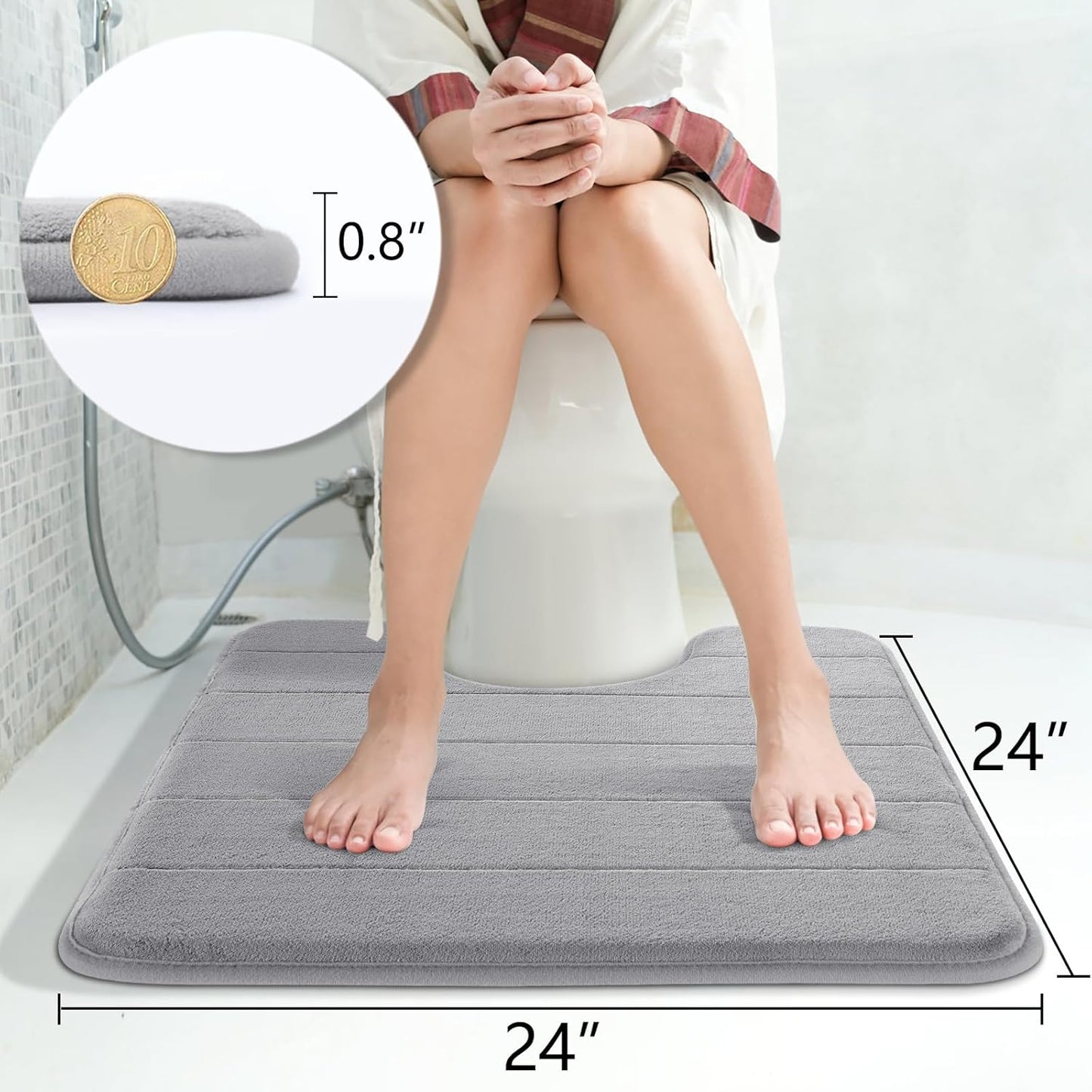 Yimobra Memory Foam Toilet Bath Mat U-Shaped, Soft and Comfortable, Super Water Absorption, Non-Slip, Thick, Machine Wash and Easier to Dry for Bathroom Commode Contour Rug, 24 X 24 Inches, Gray