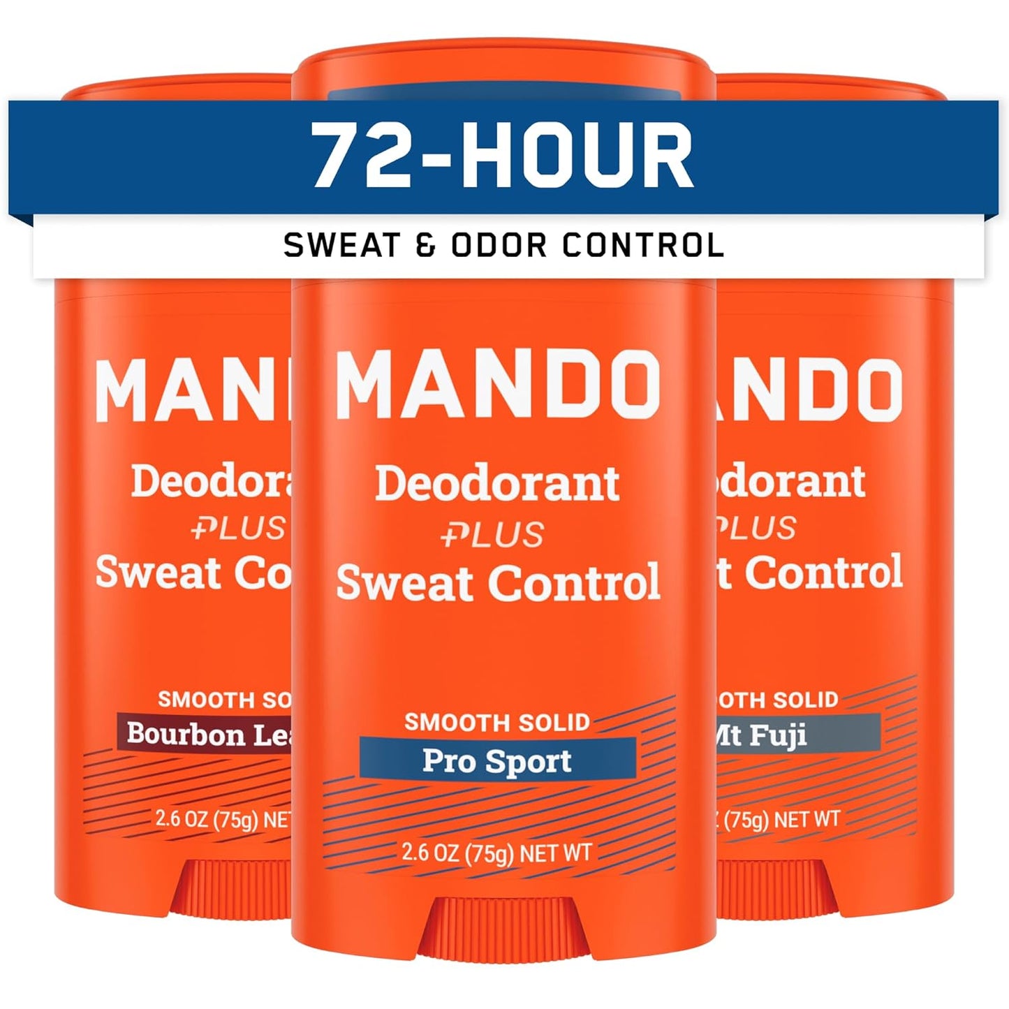 Mando Antiperspirant Deodorant Sweat and Odor Control for Men – Extra Strength Smooth Solid Stick – 72 Hour Performance – Baking Soda Free – 2.6 oz – 3 Pack – Bourbon Leather, Pro Sport, Mt Fuji