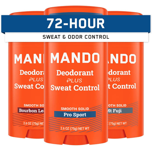 Mando Antiperspirant Deodorant Sweat and Odor Control for Men – Extra Strength Smooth Solid Stick – 72 Hour Performance – Baking Soda Free – 2.6 oz – 3 Pack – Bourbon Leather, Pro Sport, Mt Fuji