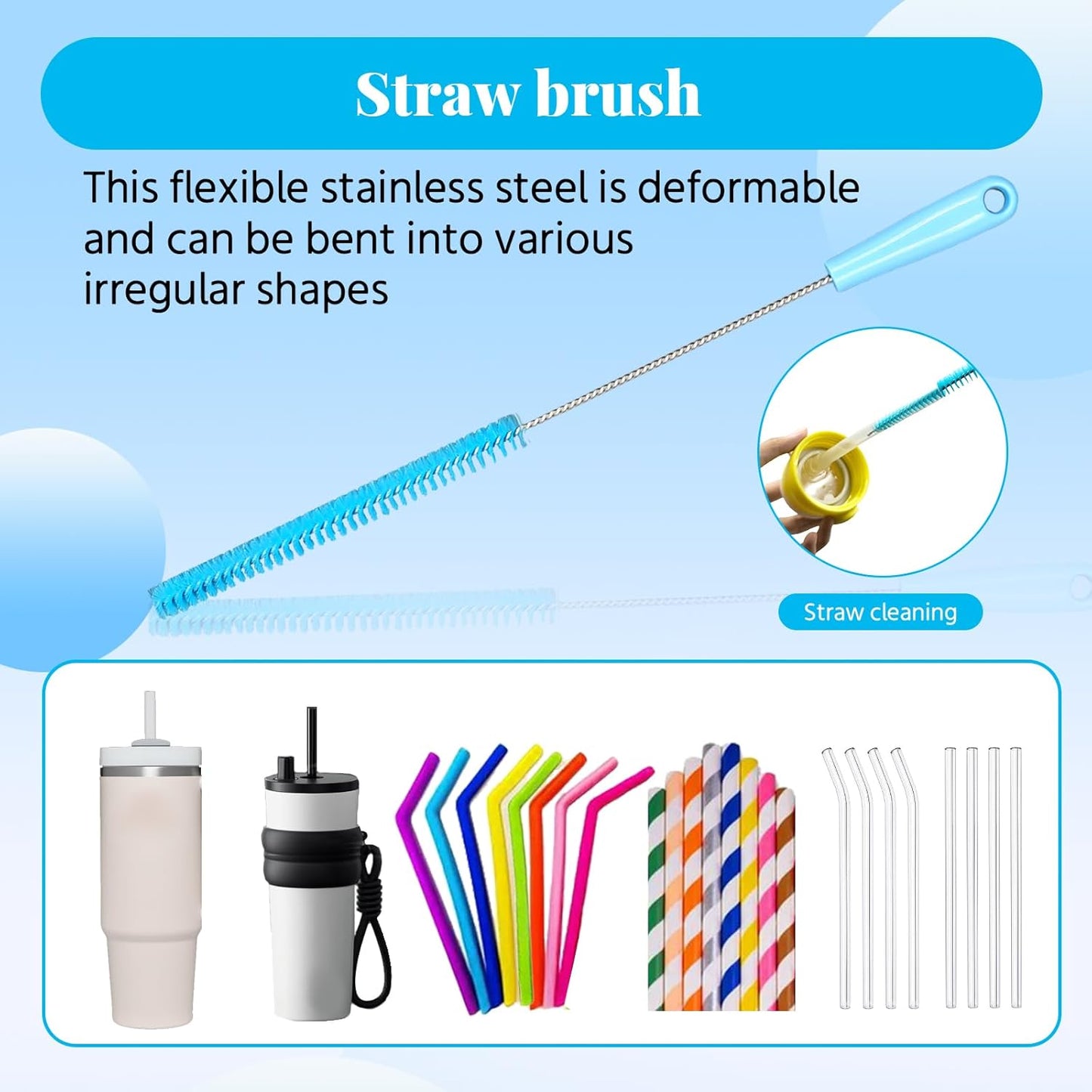 4-in-1 Bottle Brush, 15 in Water Bottle Brush & Straw Cleaner Brush,Lid Brushe,Bottle Cleaning Brush for Water Bottle, Flask,Wine Decanters,Straws-Blue