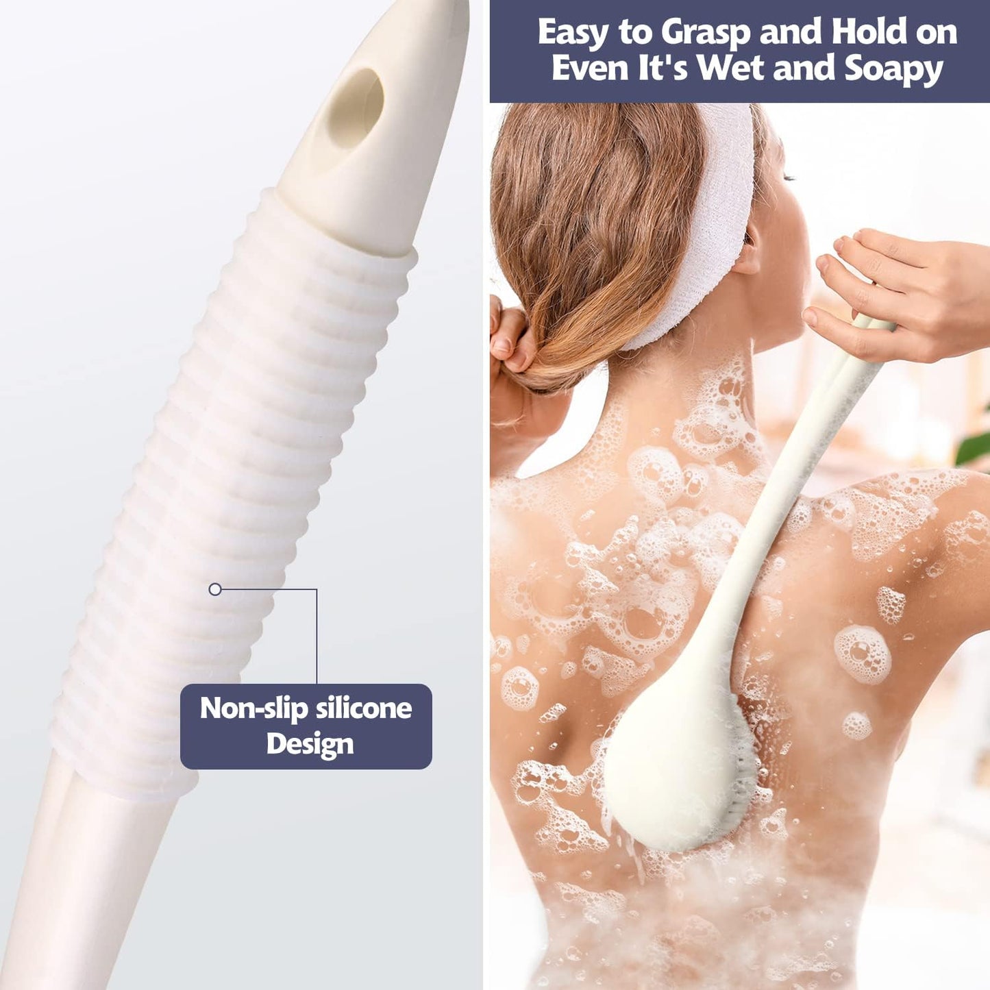 BEDELITE Back Bath Brush Long Handle for Shower - Soft Shower Brush for Men & Women,Back Brush Scrubber(16.4" Long), Skin Exfoliator for Bath Scrubber Body Brush(Ivory)