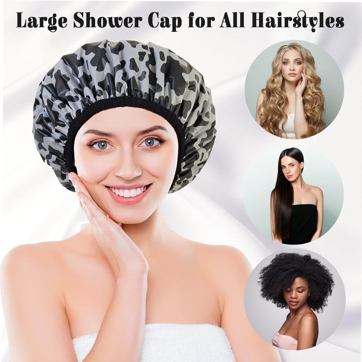 Shower Cap for Women, Shower Caps Reusable Waterproof, Large Plastic Satin Lined Shower Cap for Braids Long Hair