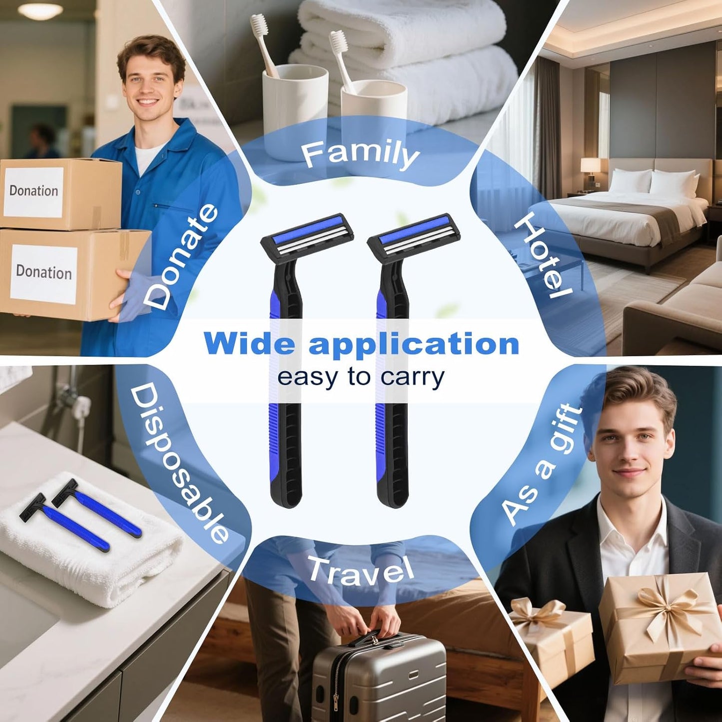 Disposable Twin Blade Razors in Bulk, Individually Wrapped - Clear Safety Cap, For Homeless, Hotel, Airbnb, Travel (pack of 100,blue)