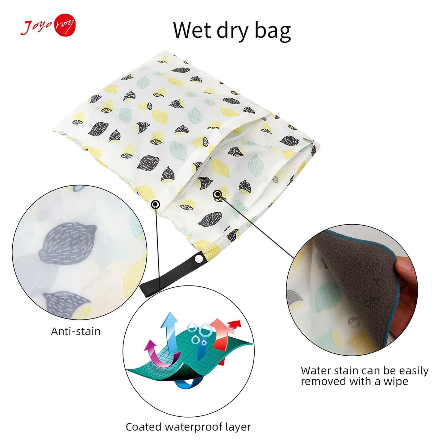 Joyo roy 3Pcs Wet Dry Bag Baby Wet Bags for Pump Parts, Cloth Diapers, Wet Suits, Swimsuits, Travel Dirty Clothes, Waterproof Pouches for Organization with 2 Zippered Pockets 3 Size(S,M,L)