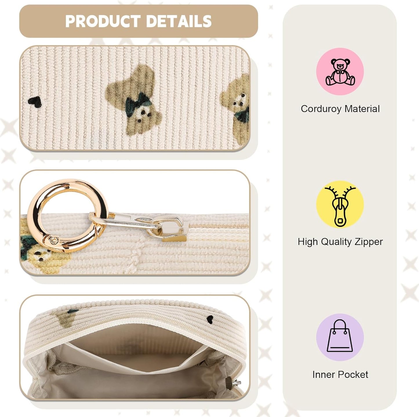 Cute Period Bag for Teen Girls, Bears Corduroy Sanitary Napkin Storage Bag, Menstrual Pad Pouch Tampon Holder for Purse (Khaki)