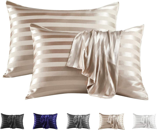 MR&HM Satin Pillowcase for Hair and Skin, Silk Satin Pillowcase 2 Pack, King Size Pillow Cases Set of 2, Silky Pillow Cover with Envelope Closure (20x40, Champagne Striped)