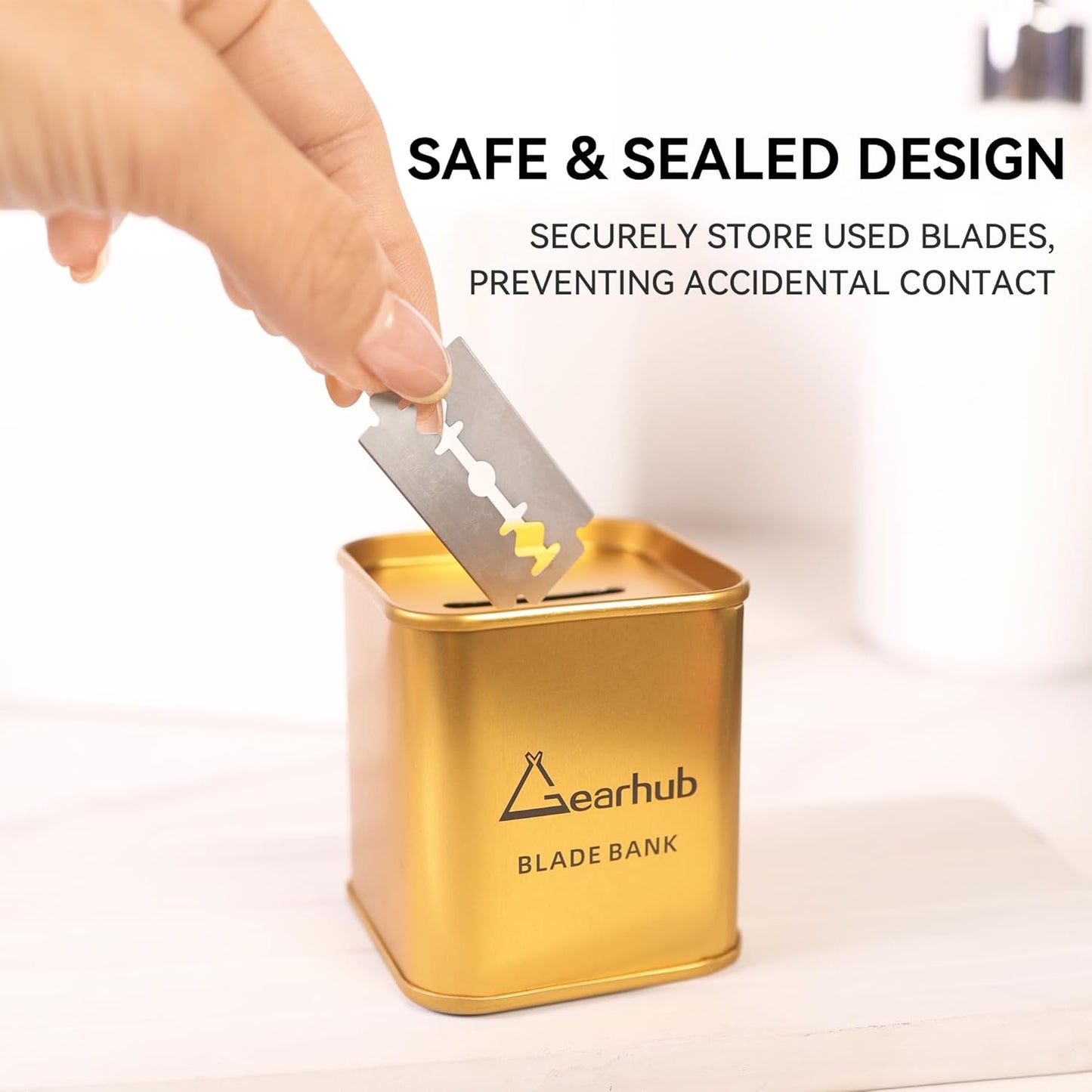 Gearhub Blade Bank Safely Store Used Safety Razor Blades Large Capacity Disposal for Barber Shops & Personal Use Sealed Design Holds 300+ Blades Matte Gold
