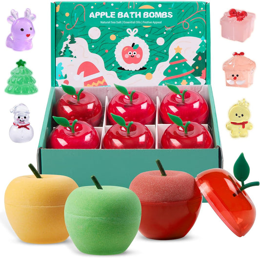 Christmas Bath Bombs for Kids Apple Bath Bombs with Christmas Luminous Mini Resin Toys Inside Christmas Toys Christmas Treat Bags Gifts Kids Skin Care Bathbombs
