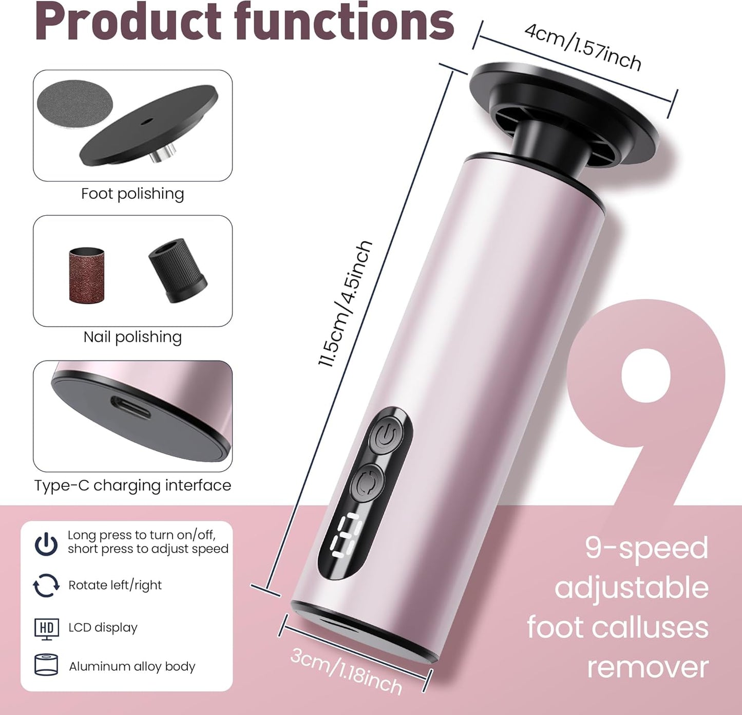 Electric Foot Callus Remover,2 in1 Rechargeable Callus Remover for Feet,9-Speed Cordless Electric Foot File Nail Grinder,Foot Scrubber Pedicure Tools for Dead Skin Dry Cracked Feet(Pink MINI)