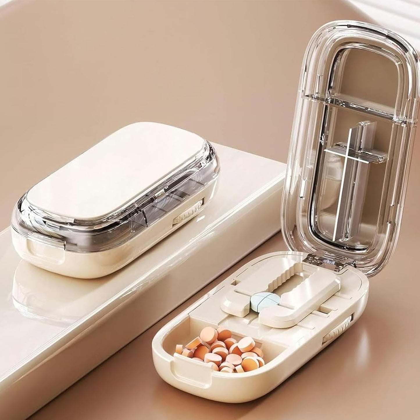 Pill Cutter for Cutting Multiple, 1/2 1/4 Pill Splitter for Large, Small and Tiny Pills, Portable Pills Cutter,Storage Organizer, Accurate Centering Alignment Device (White)