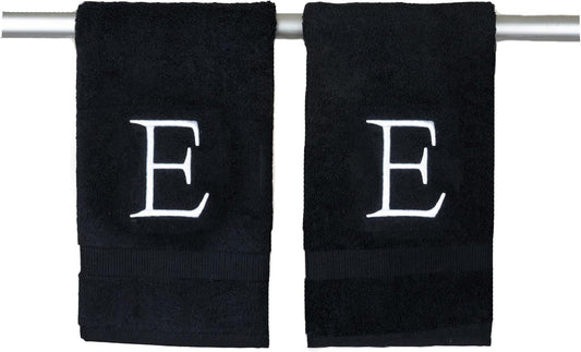 Black Monogram Hand Towel for Bathroom - Monogrammed Initial Hotel Quality Decorative Embroidered Luxury Towel for Powder Room, Spa - GOTS Organic Certified - Pack of 2 - Letter E