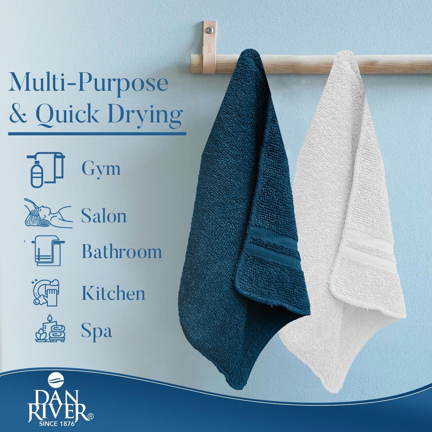 DAN RIVER 100% Cotton Washcloths 20 Pack Premium Quality Face and Body Cloth, Quick Dry Essential Towels for Bathroom, Hand, Kitchen & Cleaning, Baby Washcloths | 11X11 in | 400 GSM | Blue Opal+White