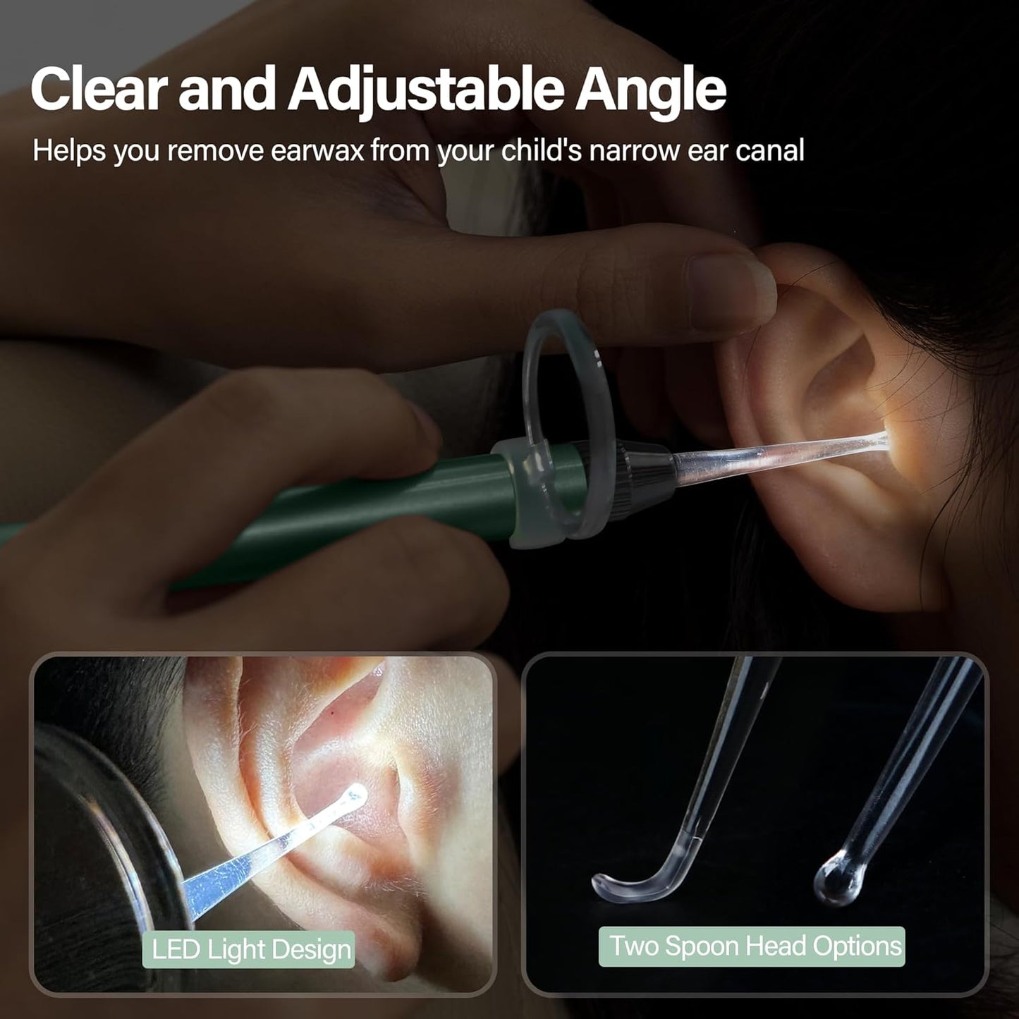 POZILAN Ear Cleaning Kit with LED Light - 15 Pack Ear Wax Removal Kit for Kids and Adults, Earwax Spoon Digger & Tweezers for Ear Cleaning Tool Present Set（Green）