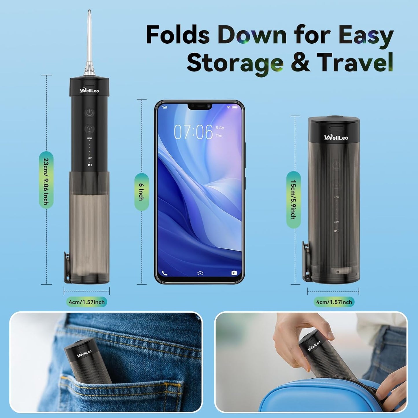 Mini Water Flosser for Teeth,Travel Dental Flosser Picks, Portable Oral Irrigator with Telescopic Water Tank, 5 Modes IPX7 Waterproof Tooth Flosser for Brace, Sensitive Teeth, with Storage Bag