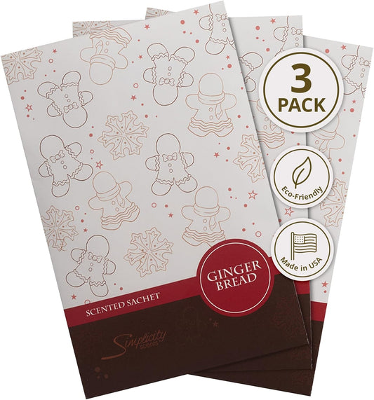 Simplicity Scents Gingerbread Scented Sachets Pack of 3, Fall & Winter - Long-Lasting Scented Bags, Home Fragrance, Air Freshener & Deodorizer for Closet, Room, Drawer, or Cars, Made in USA