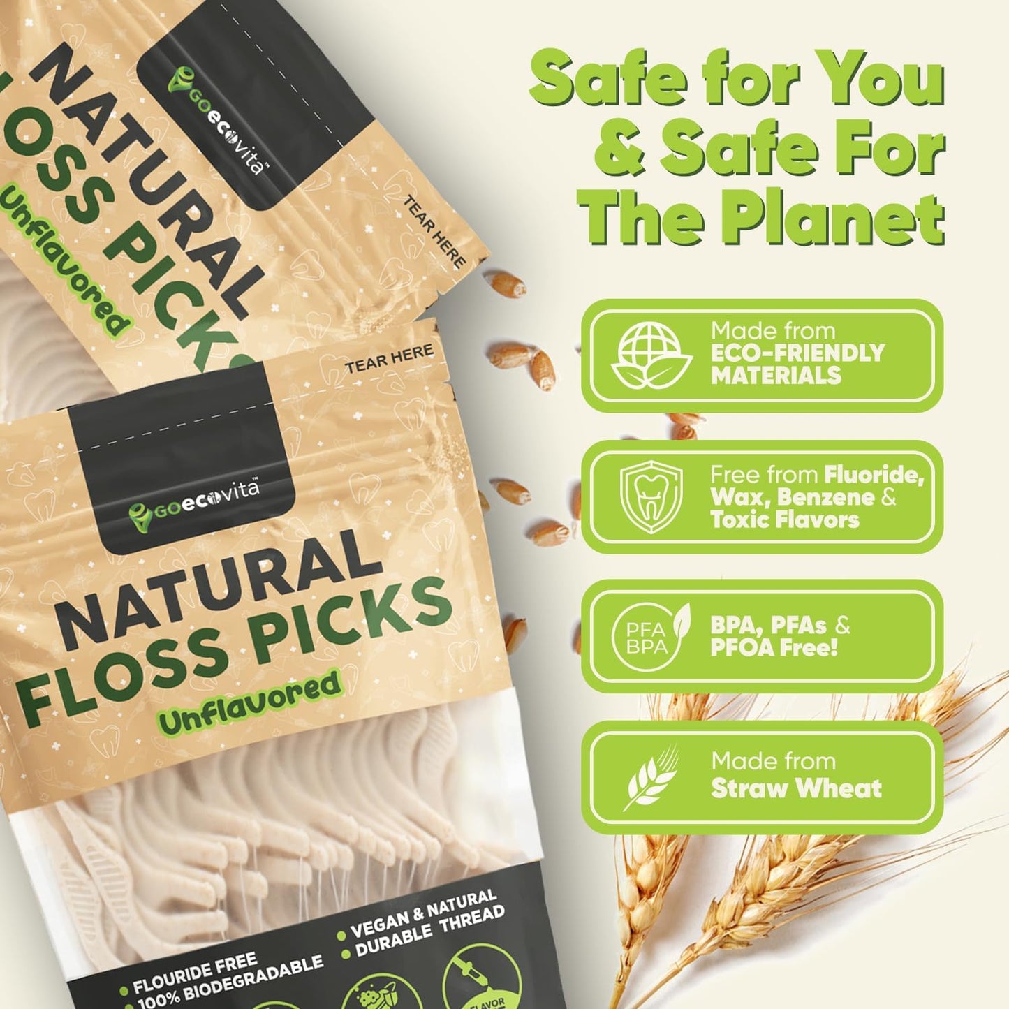 Biodegradable Floss Picks (Unflavored) - Natural Straw Wheat Handle | Thin & Durable Thread for Tight Gaps! | Dental Flossers for Adults | Gentle on Gums & Teeth | Eco Friendly, Vegan (200 Pack)