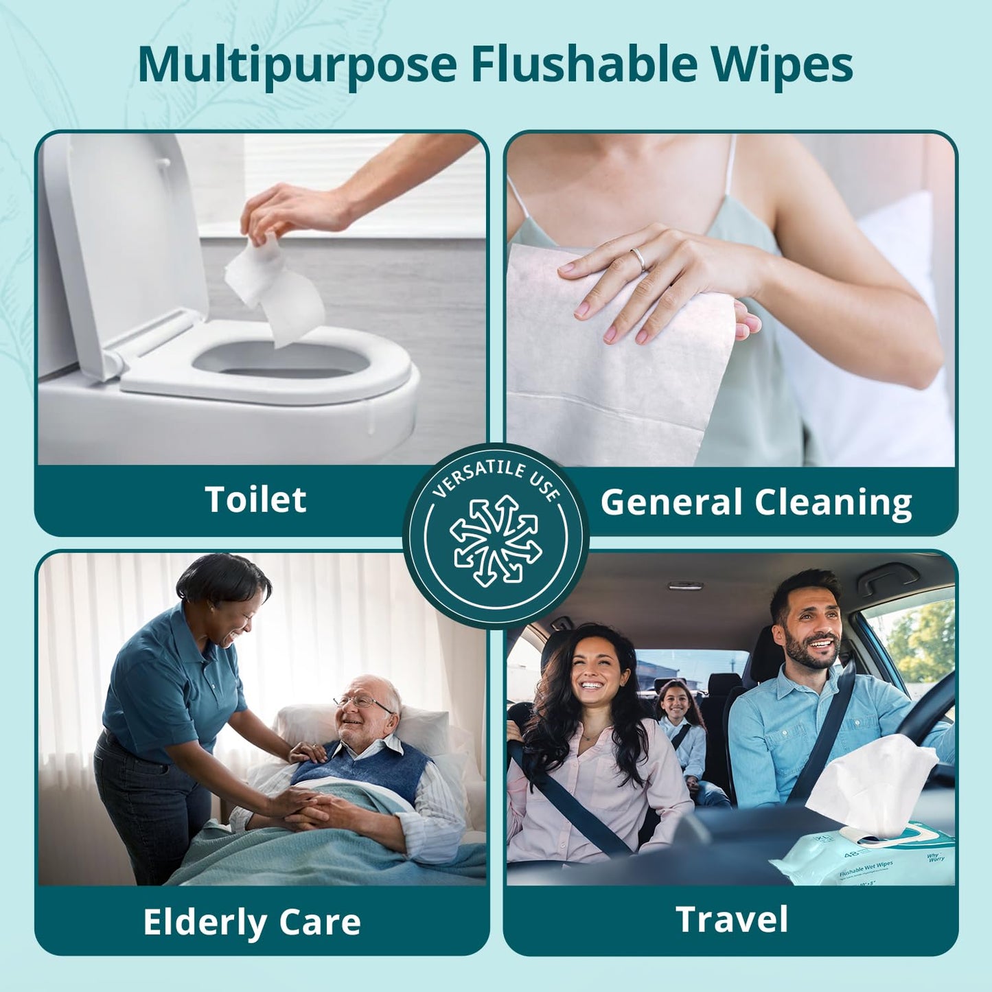 WhyWorry Flushable Wipes for Adults, Extra Large 8"x10" Butt Wipes for Toilet & Personal Cleansing, Chamomile and Vitamin E, 100% Plant-Based, Septic & Sewer Safe, Unscented, 144 Count (3 Packs)