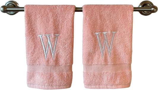Pink Initial Hand Towel for Bathroom - Monogrammed Luxury Hotel Quality Decorative Embroidered Towel for Powder Room, Spa - GOTS Organic Certified - Set of 2 Letter W