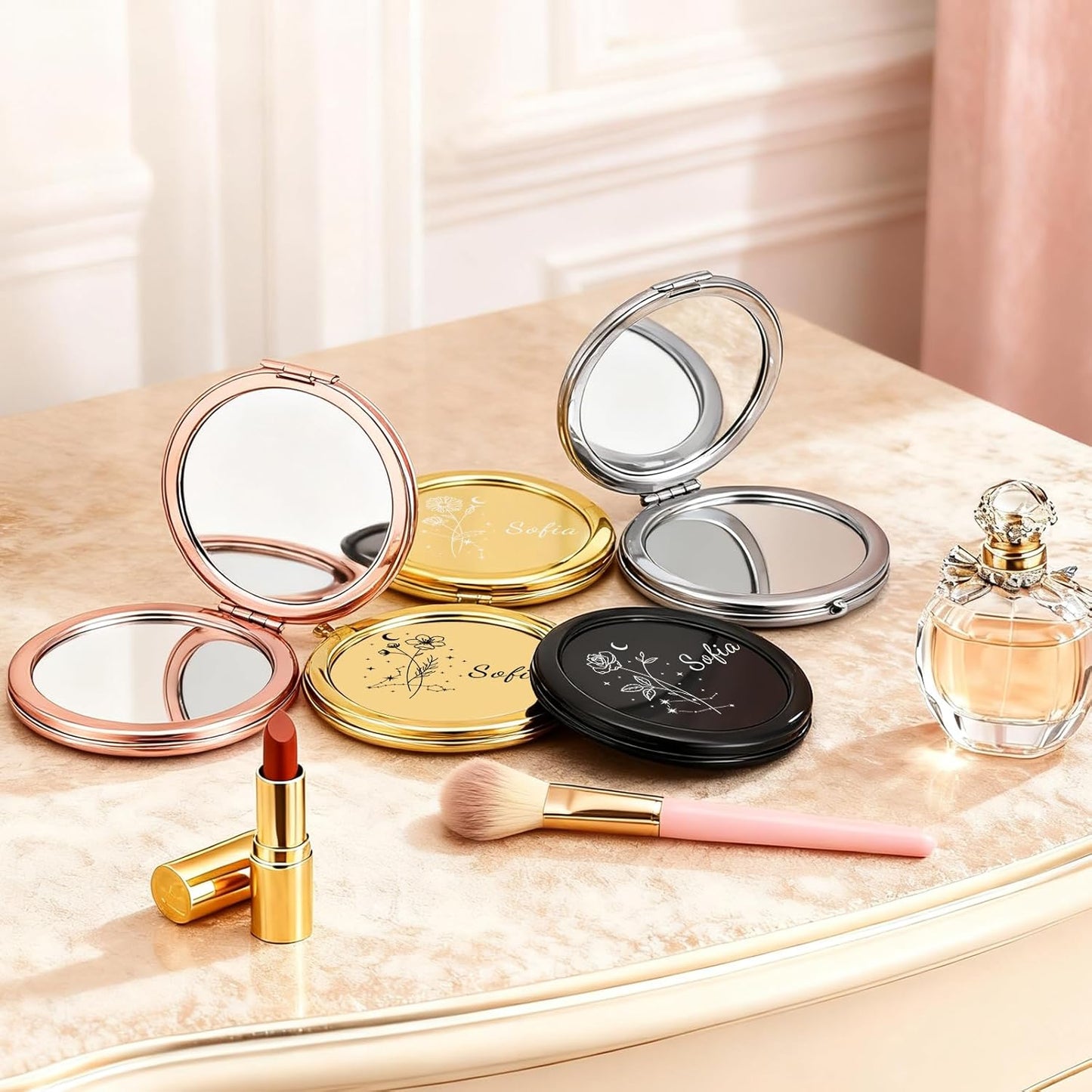 Custom Compact Mirror with Name - Personalized Flip Makeup Travel Pocket Mirror Gift for Women Bridesmaids Wedding Birthday (Birth Flower)