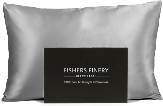 Fishers Finery 30mm 100% Pure Mulberry Silk Pillowcase, Quality Tested (Silver, Queen)