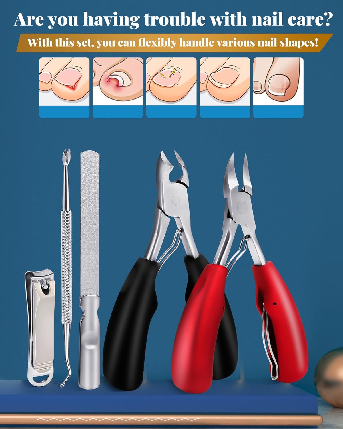 5Pcs Professional Nail Clippers Set for Ingrown & Thick Nails, Heavy Duty Toenail Clippers for Seniors, Men, Women