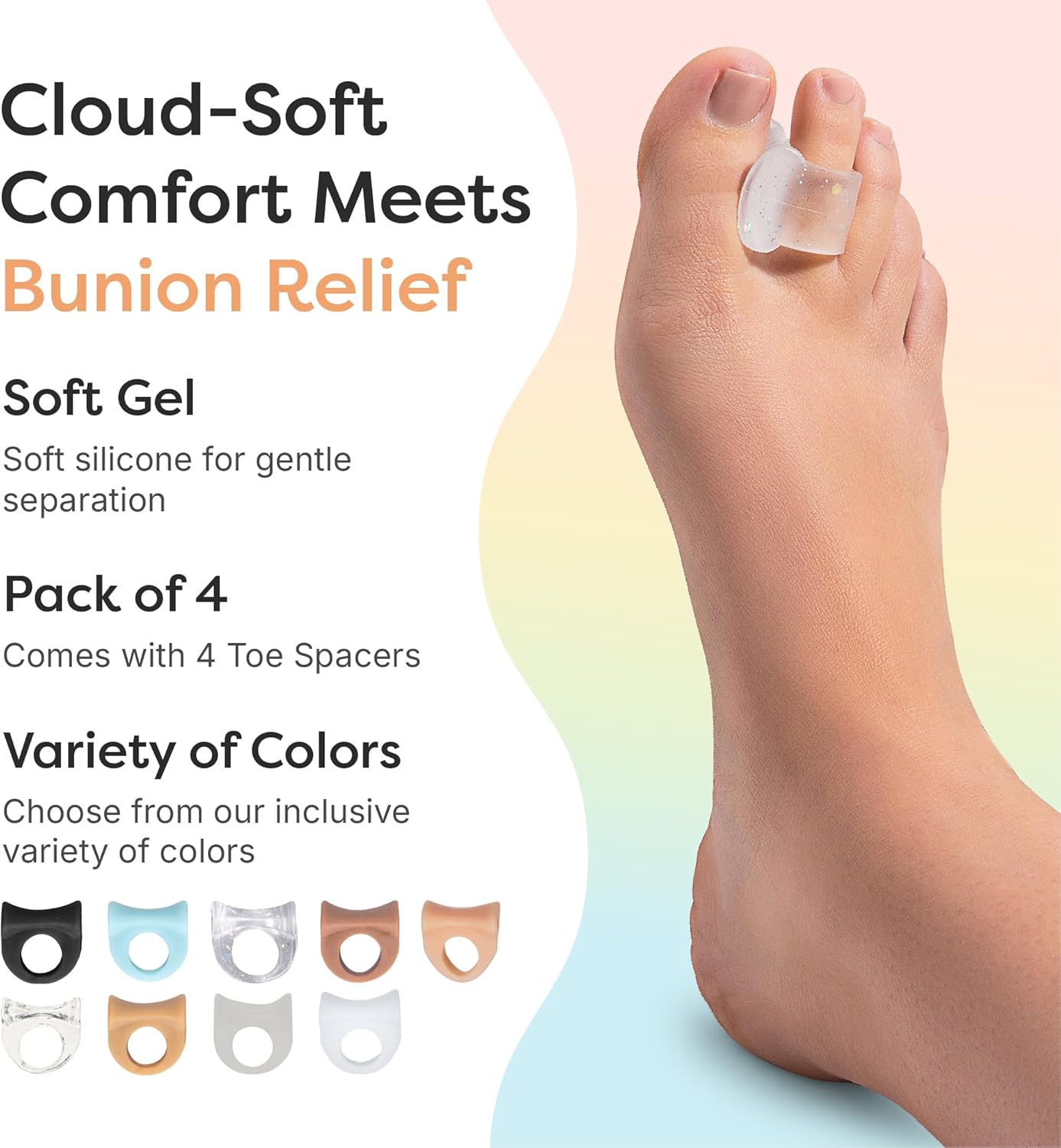 ZenToes Gel Toe Separators for Overlapping Toes, Bunions, Big Toe Alignment, Corrector and Spacer - 4 Pack (Glitter)
