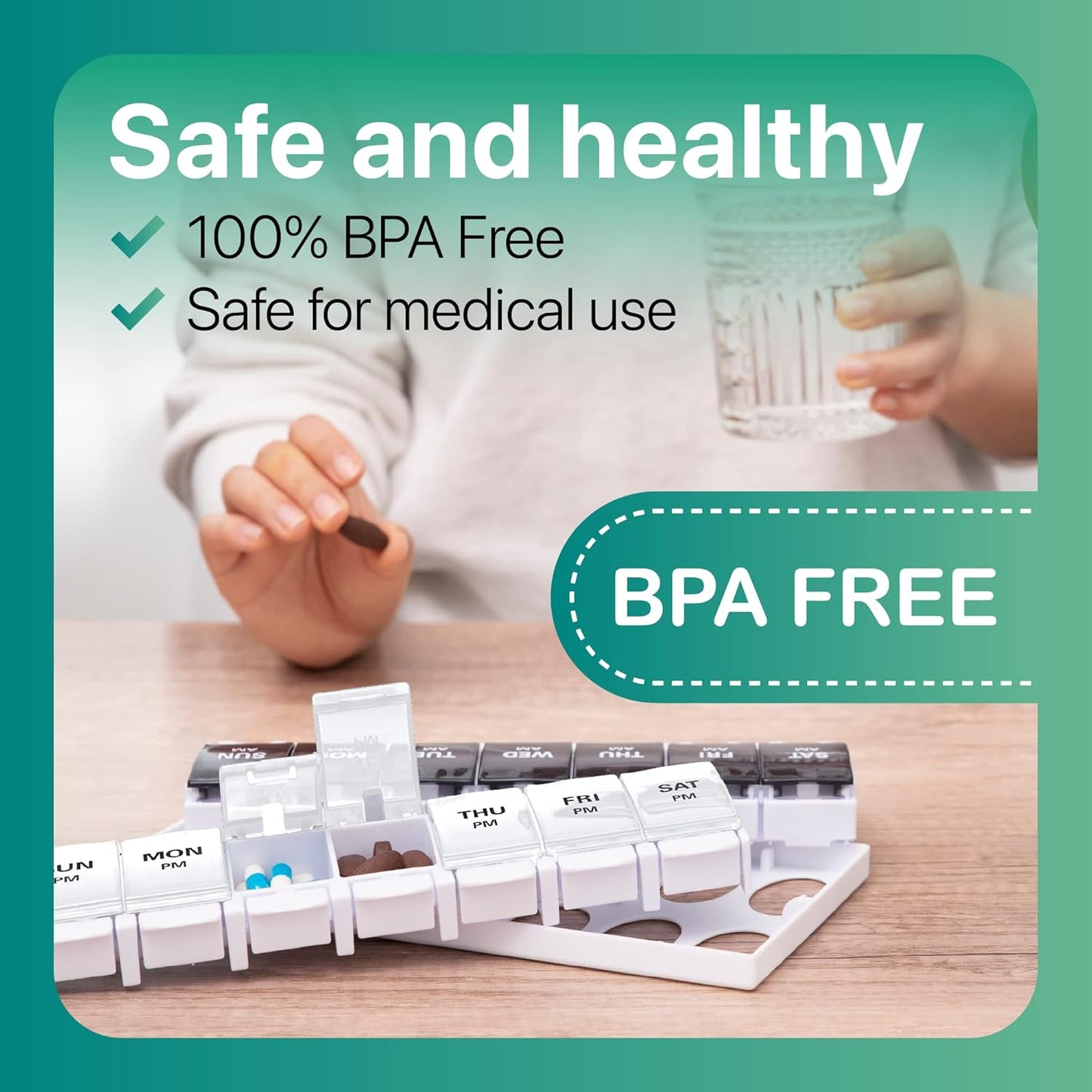 Sukuos AM PM Weekly 7 Day Pill Organizer, 2 Times A Day Pill Box with Arthritis Friendly Push Button, Medicine Cases for Vitamin/Fish Oil/Supplements, Easy to Clean (Black&White)