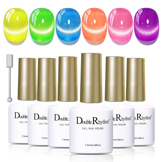 Double Rhythm 6 Colors Cat Eye Gel Polish Set Shimmer Glitter with Magnet Holographic Reflective Magnetic UV Nail Art Kit (6-Kit-53)