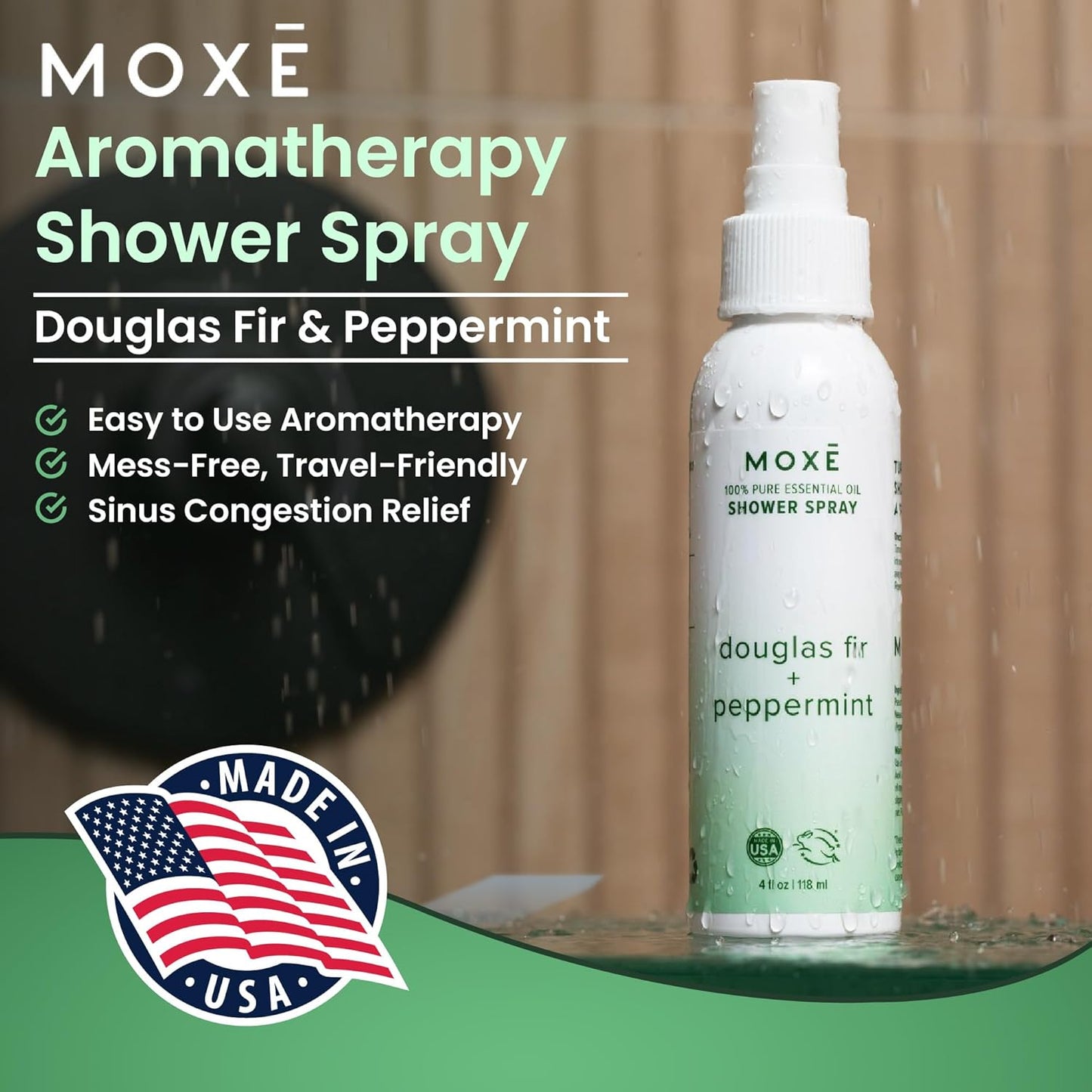 MOXE Aromatherapy Shower Spray - Douglas Fir & Peppermint, 100% Essential Oils, Made in USA, Aromatherapy, Sinus Congestion Relief, Respiratory Support, 4 Oz (1 Pack)