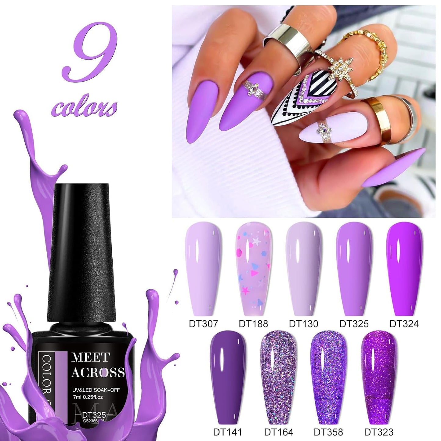 MEET ACROSS 9 Colors Gel Nail Polish + 3PCS Function Gel Nail Polish Kit,Fashion Nail Art Set Design Gifts for Women Manicure Salon (SET2, 12pcs)