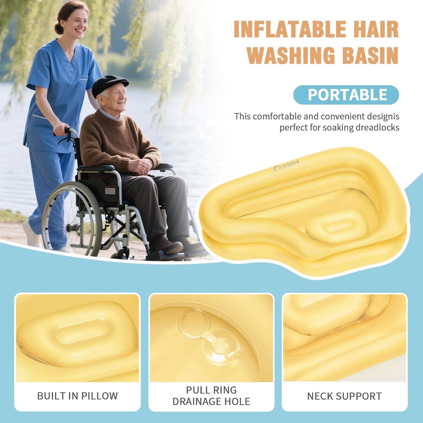 Portable Inflatable Shampoo Basin for Bedridden & Elderly - Zero Pooling Design | Fast-Drain Slope & Neck Support | Portable Hair Wash Bowl, Drain Hose | Hospital PVC | Home Use (Yellow, Large)