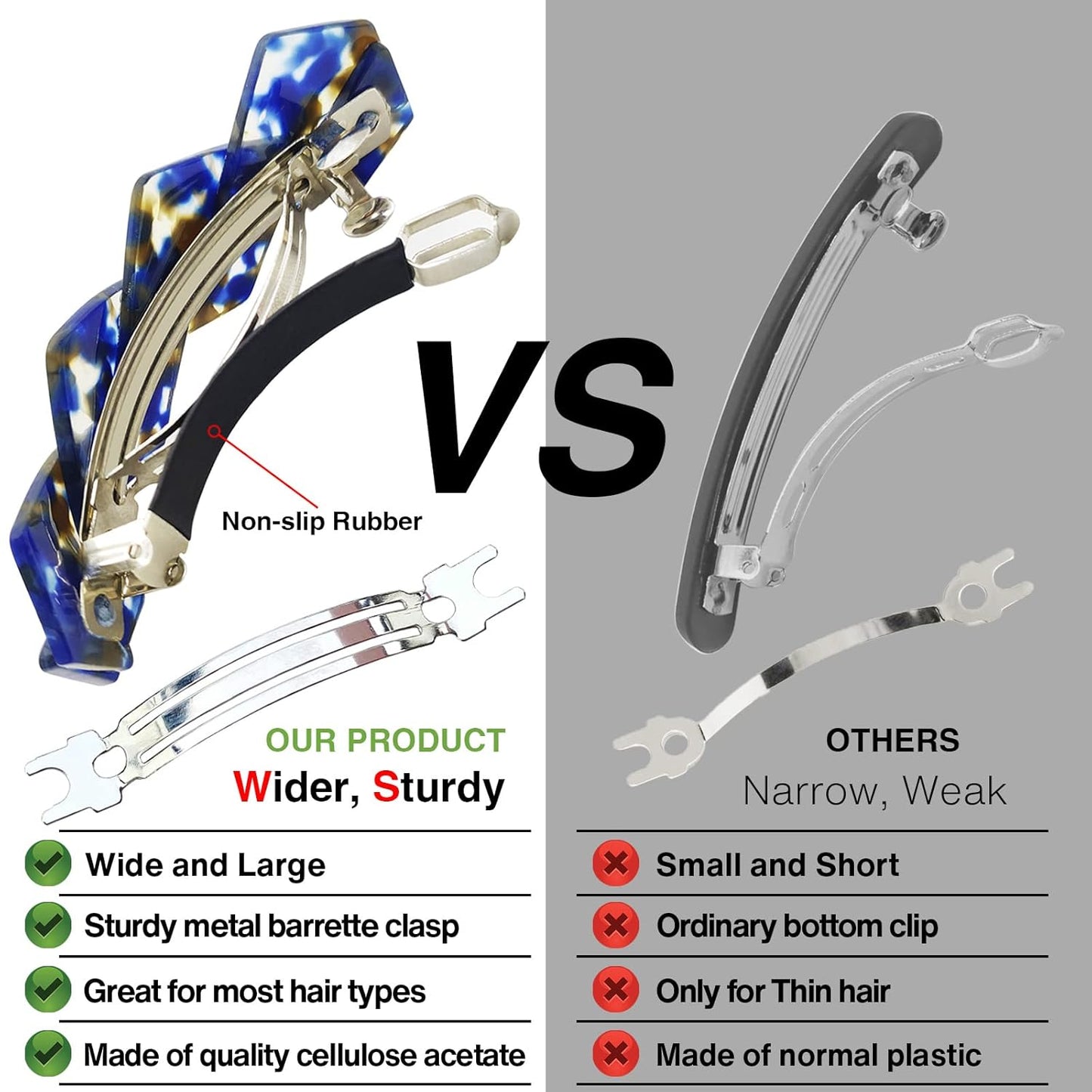 Hair Barrettes Large French Clips Wide Hair Clasp for Women Thick Fine Hair Accessories - Blue Tortoiseshell - 3Pcs (Navy Blue, Brown)