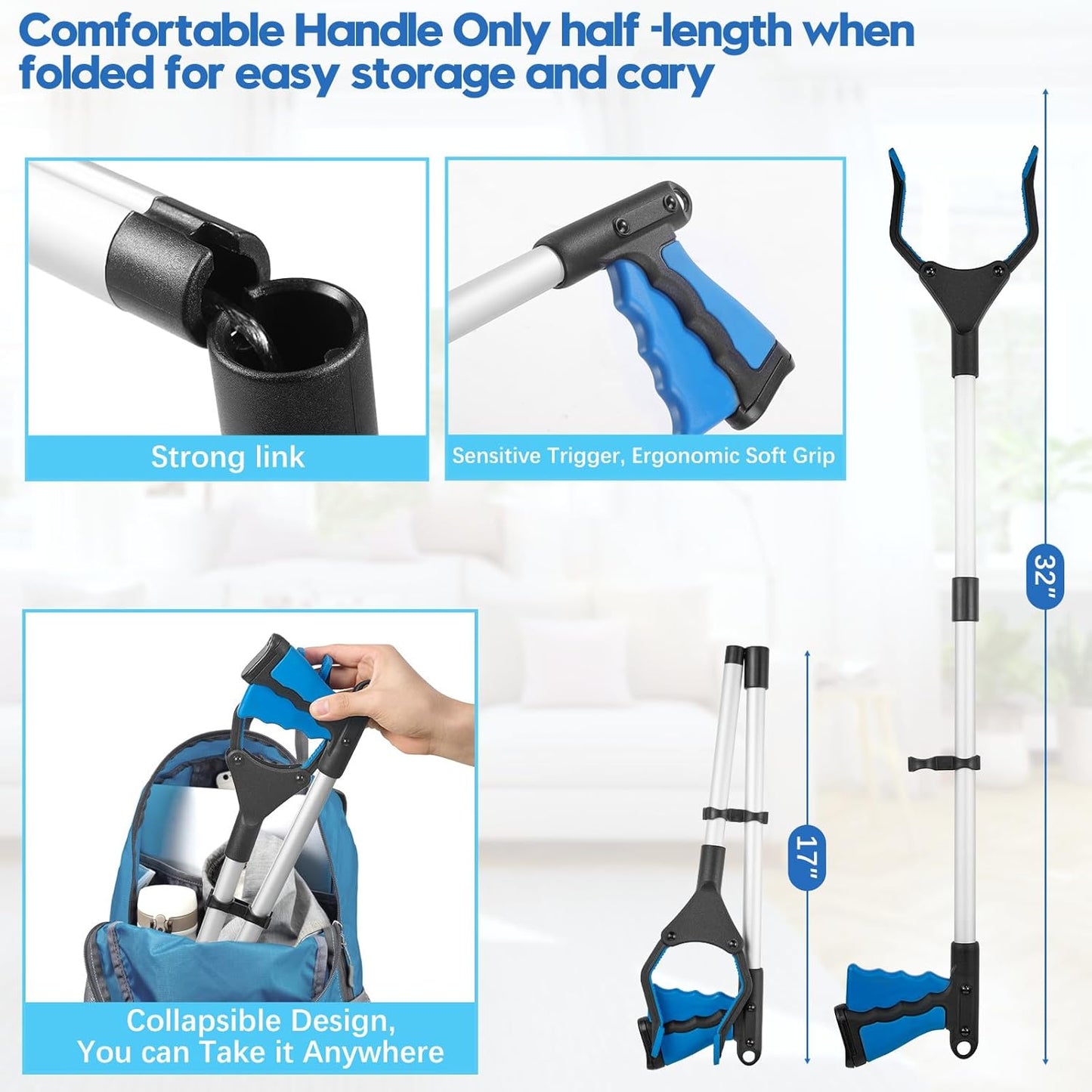 32 Inch Grabber Reacher Tool, Grabbers for Seniors Heavy Duty, Trash Picker Upper Grabber, Collapsible and Easy to Store, Wide Jaw, Grips Items Easily and Securely