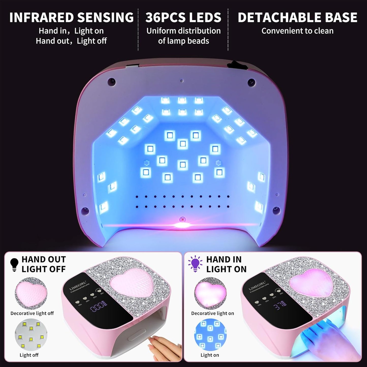 LimeGirl UV LED Nail Lamp Kit for Gel Polish Professional Fast Curing Pink Dryer Light Set with 4 Timer Settings Cordless Rechargeable Nail Art Cure Machine for Manicure Pedicure at Home and Salon
