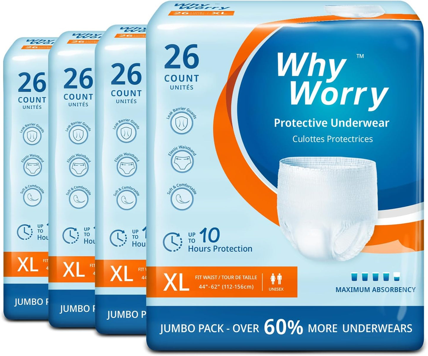 WhyWorry Incontinence Underwear for Women and Men, Disposable Adult Pull Ups with Overnight Absorbency, Leakproof, Unisex, XLarge, 104 Count (4 Packs of 26)