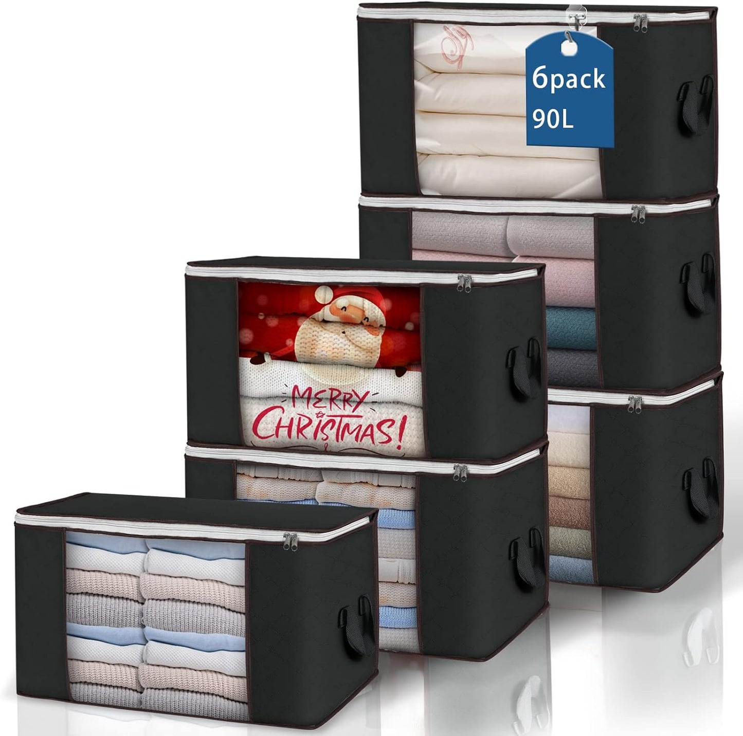 Large Storage Bags, 6 Pack Clothes Storage Bins Foldable Closet Organizers Storage Containers with Durable Handles Thick Fabric for Blanket Comforter Clothing Bedding 90 L (Black)