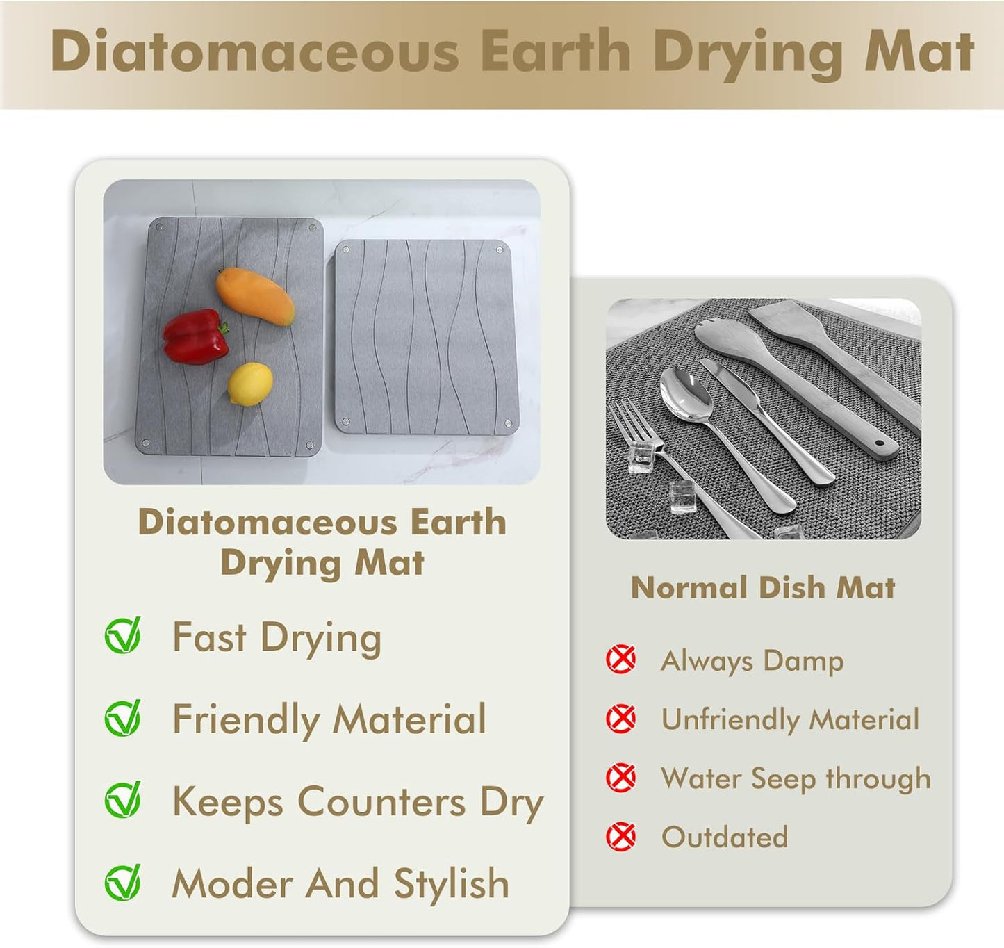 2 PCS Nesting Stone Drying Mat for Kitchen Counter,Equipped Dish Rack,Tableware Drying Mat Set,Diatomaceous Earth Material，Suitable for Plates,Cups and Any Kitchen Utensils (Grey)