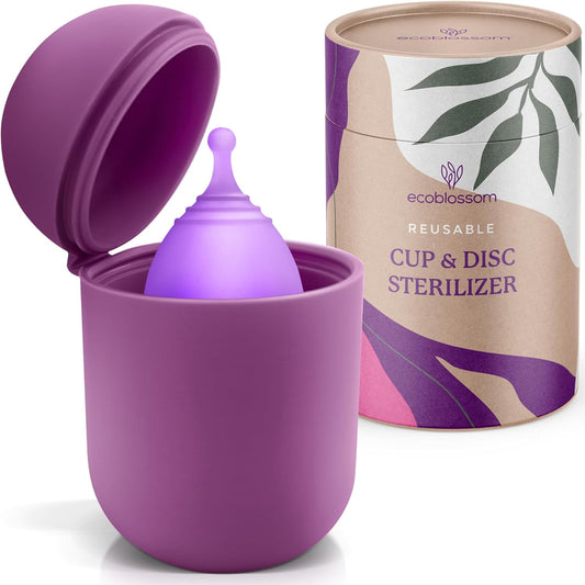 EcoBlossom Menstrual Cup Case and Sterilizer - Reusable Silicone Sterilizing Holder - Cleaner Period for You and Your Disc or Cup - Portable Cleaning Container & Microwave Steamer (Purple)