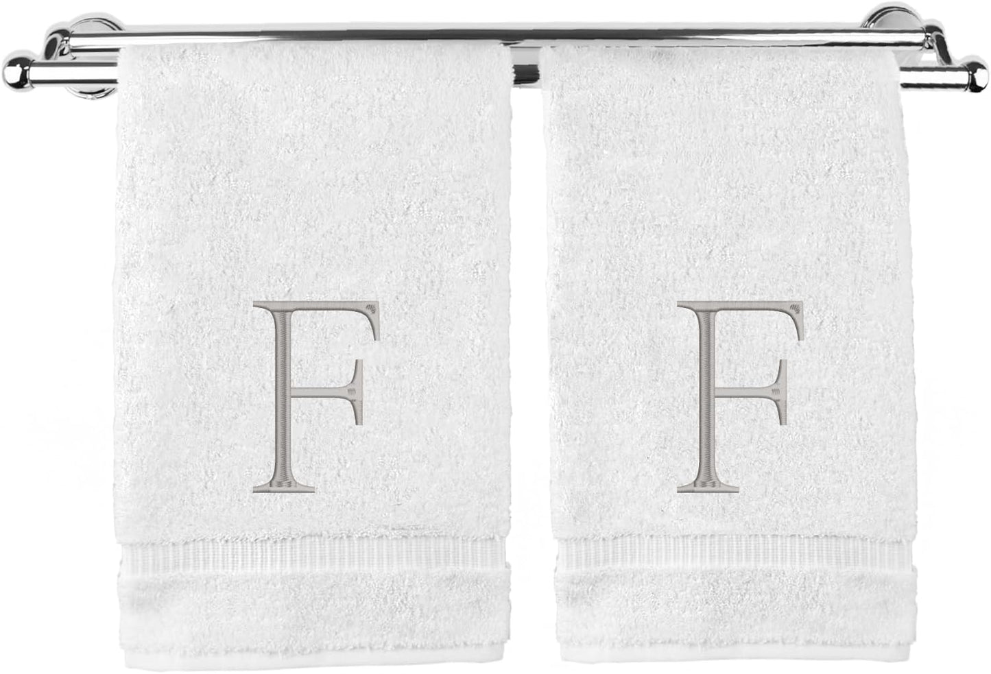 Monogrammed Hand Towel, Personalized Initial Gift, Extra Absorbent 100% Turkish Cotton - Soft Terry Finish - Set of 2 - Silver Block Initial F - Embroidered on White Towels