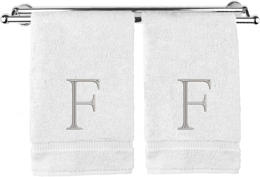 Monogrammed Hand Towel, Personalized Initial Gift, Extra Absorbent 100% Turkish Cotton - Soft Terry Finish - Set of 2 - Silver Block Initial F - Embroidered on White Towels