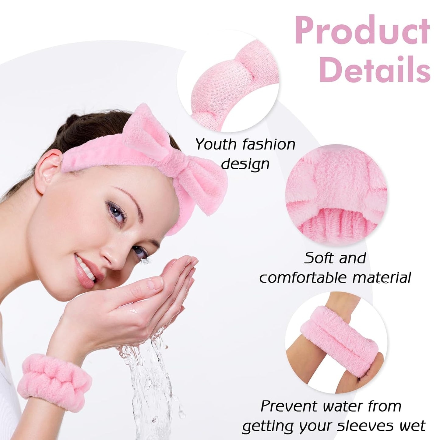 Zkptops 6Pcs Spa Headband for Washing Face Wristbands Set Women Bubble Skincare Makeup Sponge Terry Cloth Padded Puffy Headband Bow Tie Hairband Cute Non Slip Thick Hair Accessory Gifts(Pink)