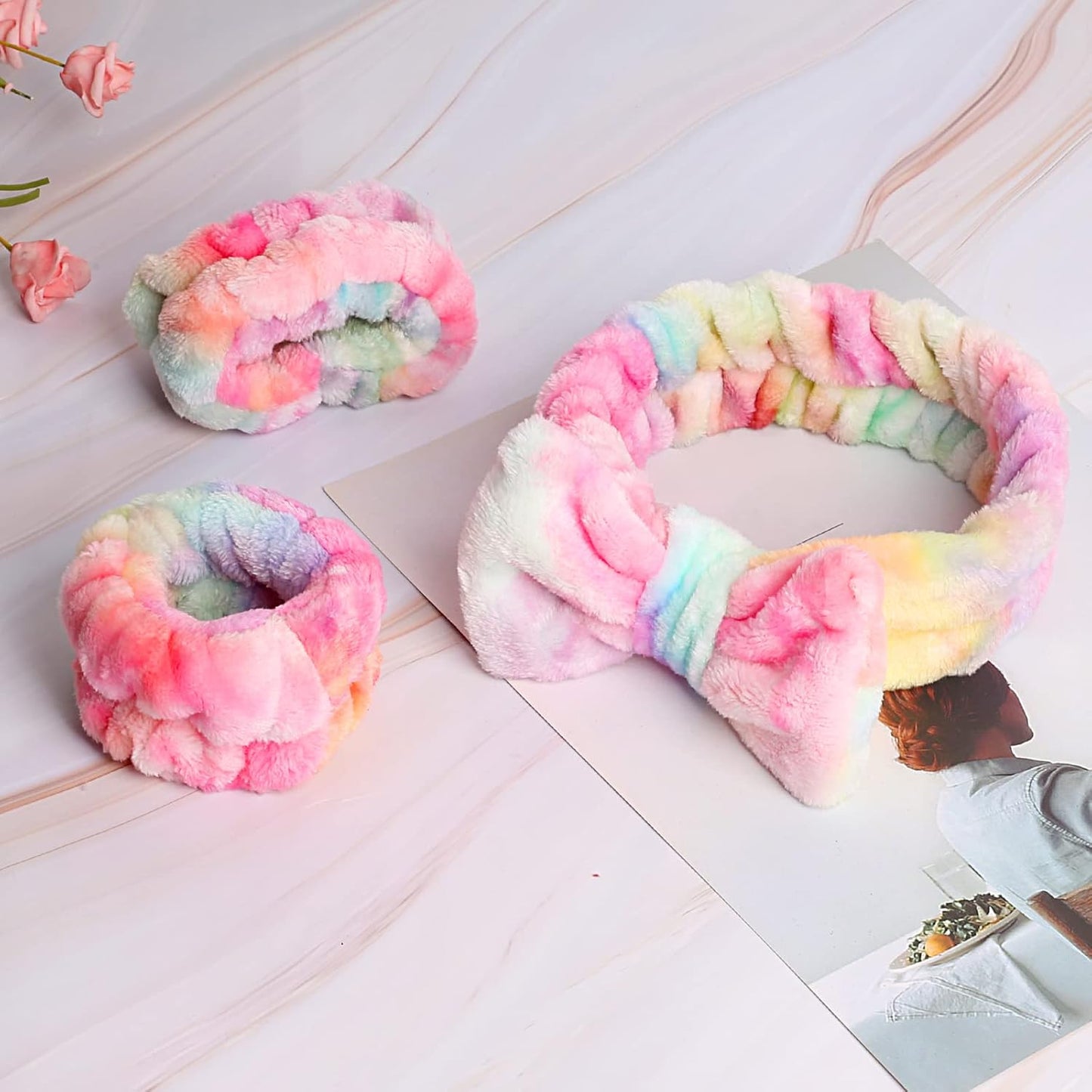 WSYUB Spa Headband and Wrist Bands, Makeup Headband and Wrist Towels for Washing Face, Fuzzy Bow Headbands, Soft Facial Head Bands, Shower Skincare Hair Sleepover Party Supplies