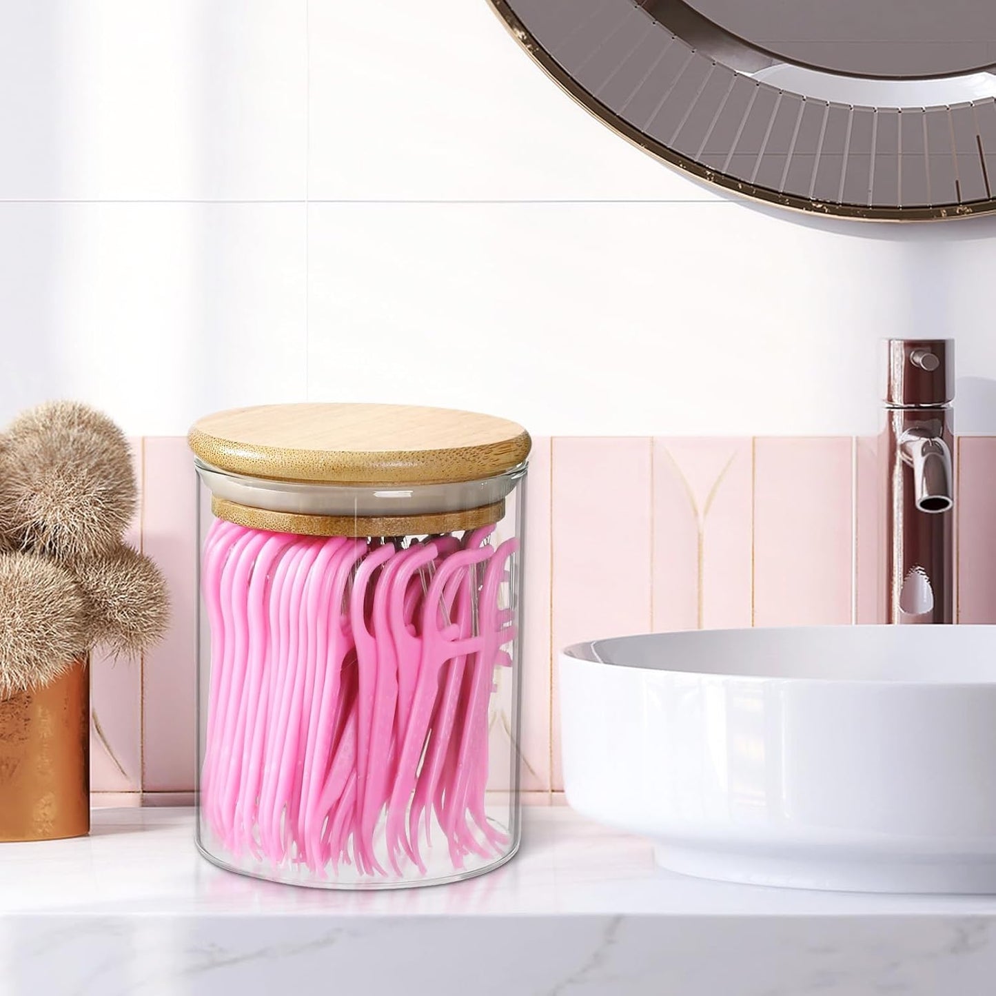 Qtip Holder Dispenser with Bamboo Lid, Glass 2 Pack Apothecary Jars with Lids, Cotton&Swab Apothecary Jars, Qtip Holder Bathroom Set for Countertop Bathroom Essentials Accessories Decor