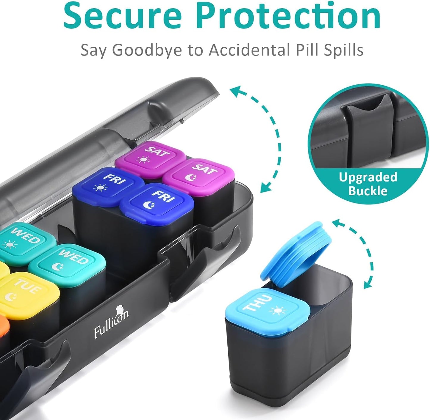 Fullicon Moisture-Proof Pill Organizer 2 Times a Day, Weekly Pill Boxes & Organiser with Silicone Lids, Large Capacity AM PM Pill Organizer 7 Day, Travel Pill Case for Vitamins (Black Rainbow)