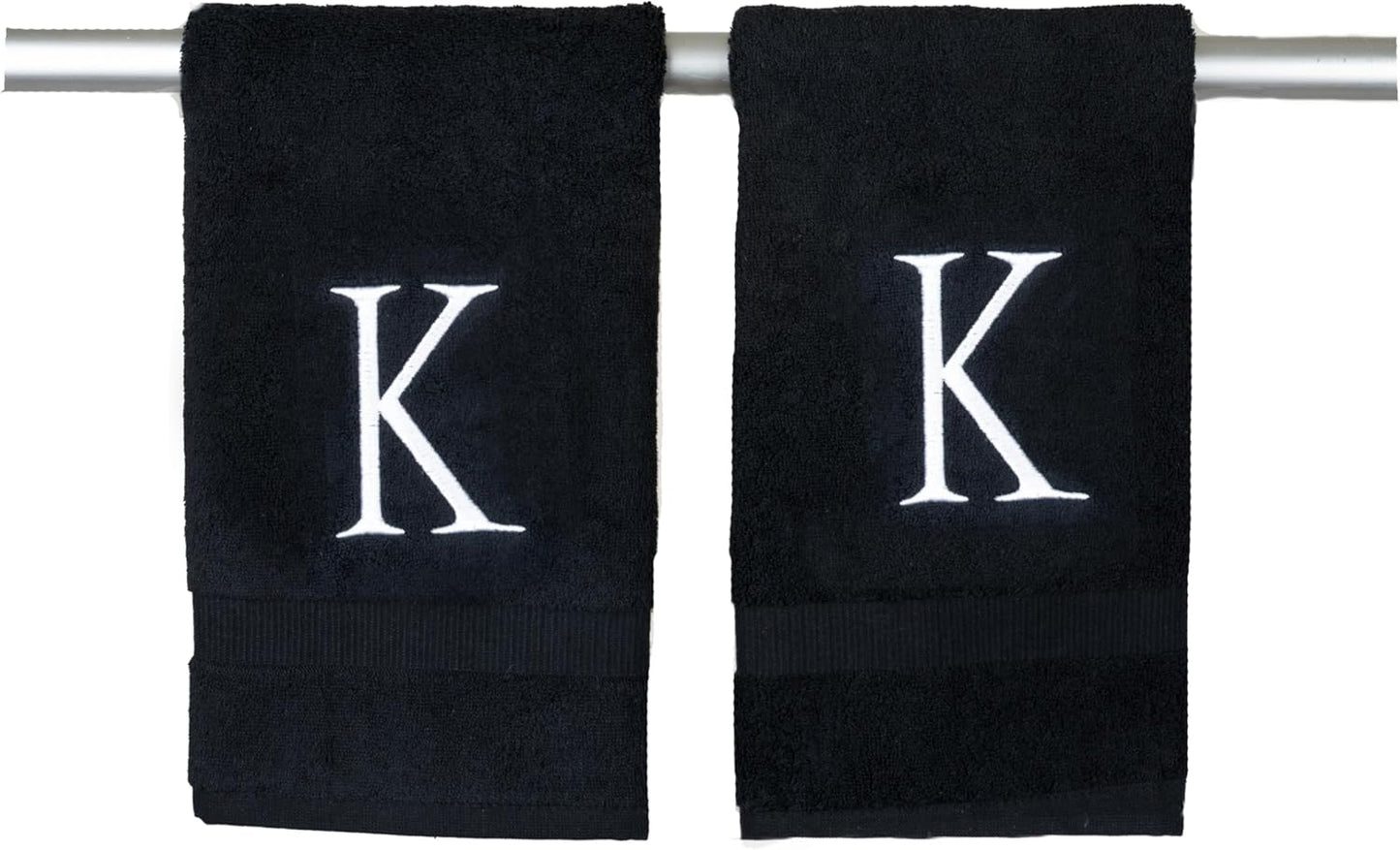 Black Monogrammed Hand Towels for Bathroom- Black and White Luxury Hotel Quality Personalized Initial Decorative Embroidered for Powder Room, Spa-GOTS Organic Certified - Pack of 2, Letter K