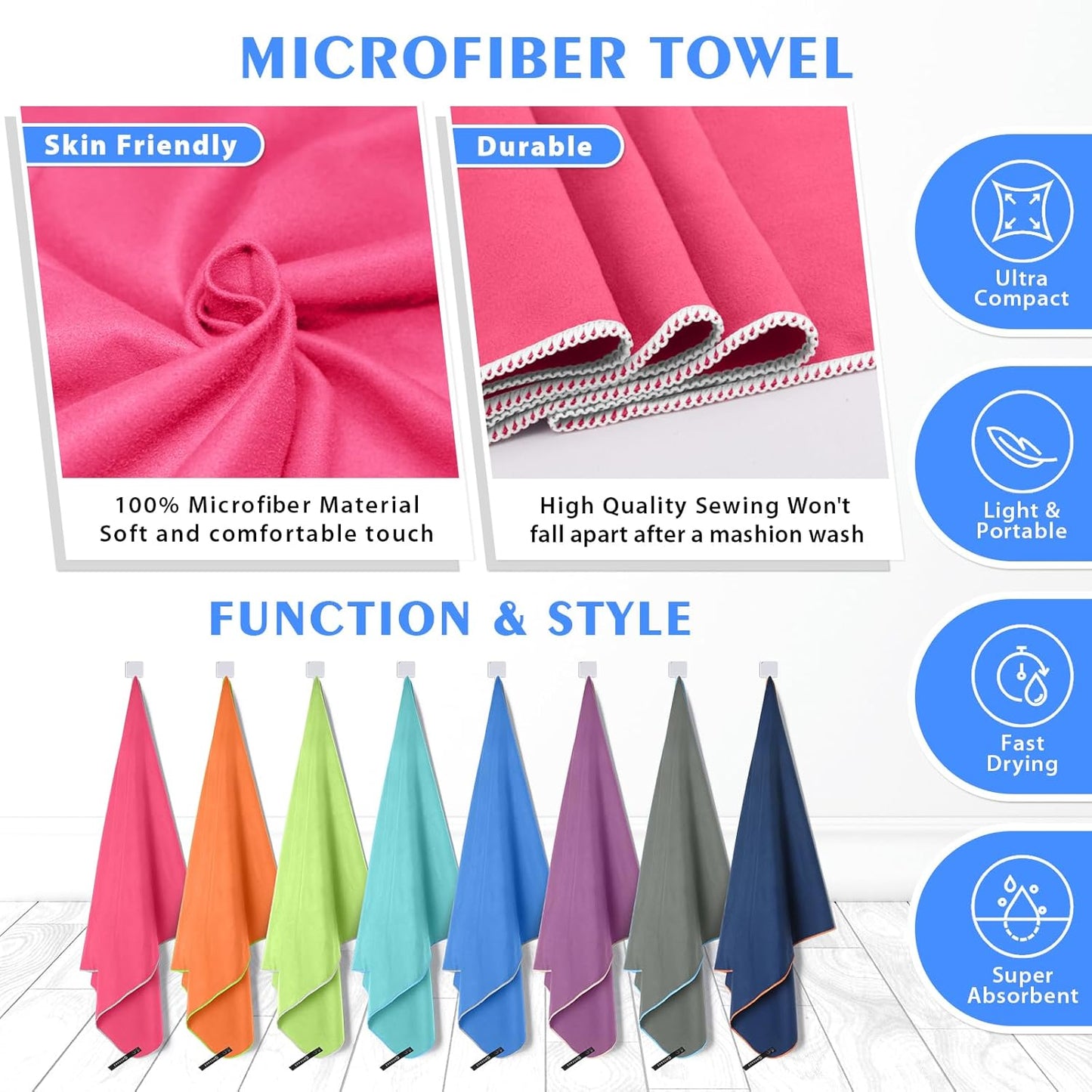 HOEAAS 2 Pack Microfiber Camping Towels, Quick Dry Towel, Super Absorbent Ultra Compact Travel Towel Soft Lightweight Sports Towel for Sweat Fast Drying Towels for Pool,Gym,Hiking,Backpacking,Fitness