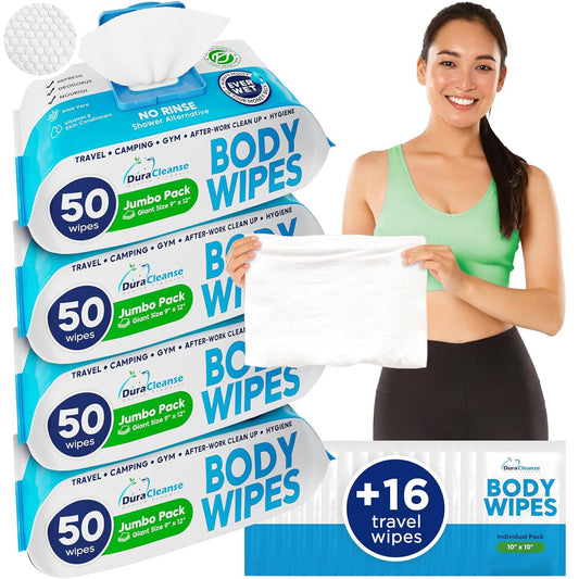 XL Body Wipes - (4 Pack) 200 Shower Wipes + 16 Travel Bath Sheets for Adults - 9"x12" Cleansing No Rinse Disposable Wash Cloths for Elderly Incontinence, After Surgery Must Haves & Recovery Supplies