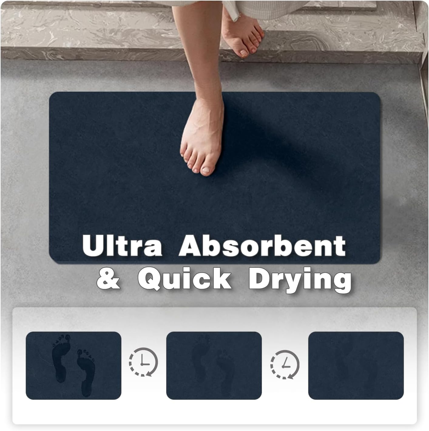 Bathroom Mat Quick Dry, Bathroom Rugs Non Slip Washable Thin Absorbent Bath Mat Fits Under Door Bathroom Floor Mat Perfect for Bath, Shower, or Sink 16"x24" Navy Blue