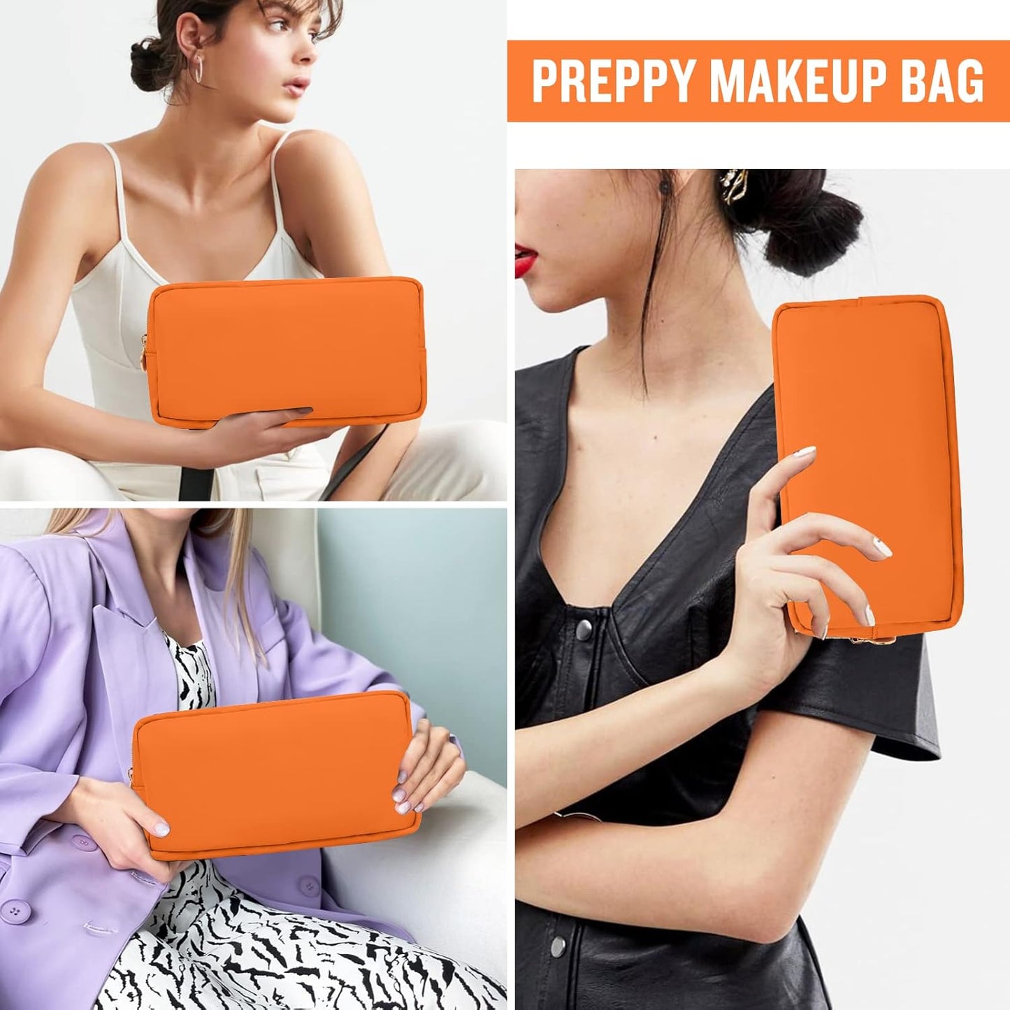Nylon Small Makeup Bag for Purse, Cute Preppy Makeup Bag Cosmetic Zipper Pouch Purse, Waterproof Portable Travel Toiletry Bag Clutch Makeup Brush Bag Organizer Storage for Women Men Girls(Orange)
